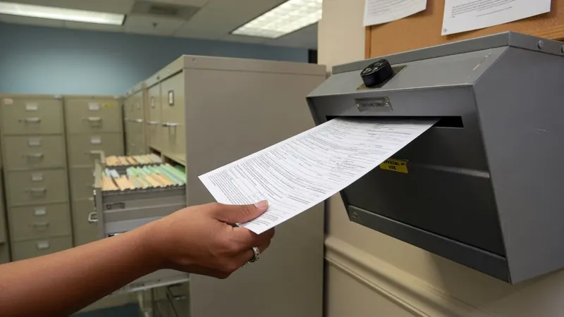 A person's hand inserts a completed form into a gray secure drop box mounted on a wall in an office with filing cabinets in the background.