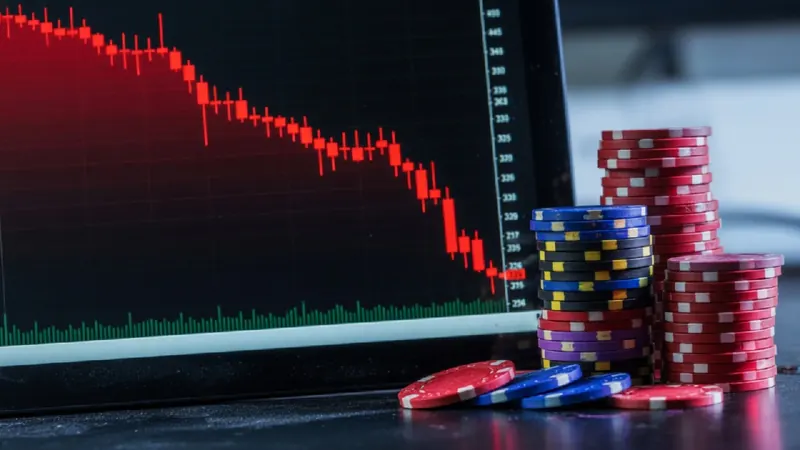 A computer monitor displays a red downward-trending candlestick stock chart beside stacks of red, blue, black, yellow.