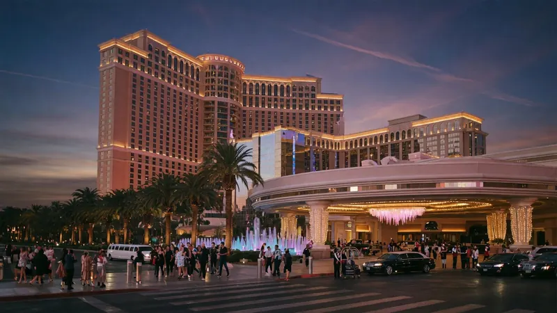 The Bellagio Hotel and Casino in Las Vegas at dusk, with its iconic fountain show, palm trees, and crowds of people at the entrance.