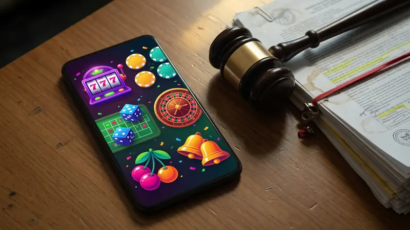 A smartphone displaying vibrant gambling game icons like slot machines, roulette, dice.